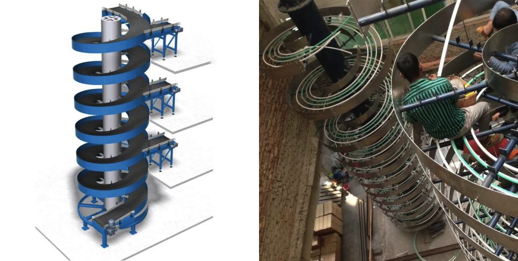 Elevadores en espiral con operarios trabajando en su instalacion