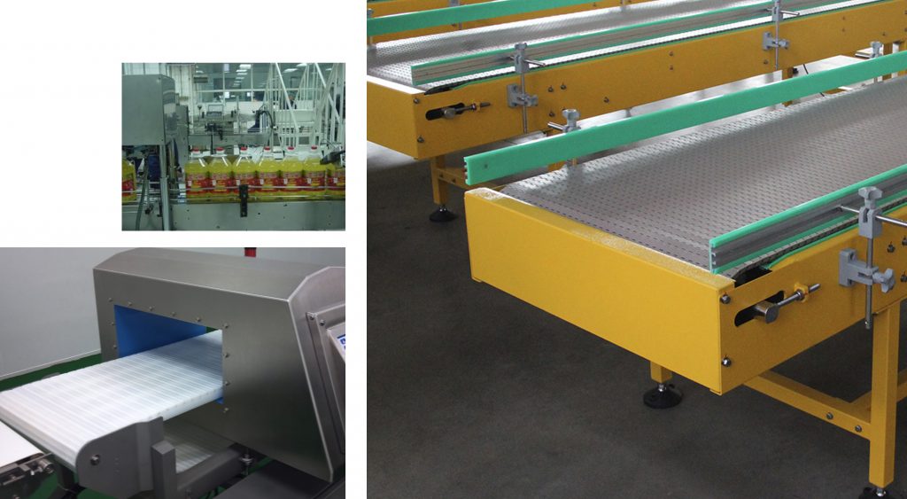 Tramo de banda modular y final de banda, además de muestra de uso en línea de embotellado